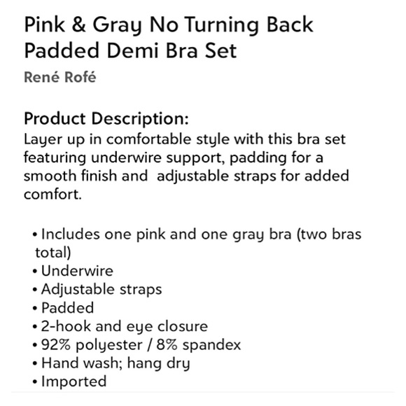 BNWT: *2* 36B RENÉ ROFÉ LINGERIE Pink & Gray Underwire Padded Demi Bras - Picture 11 of 11